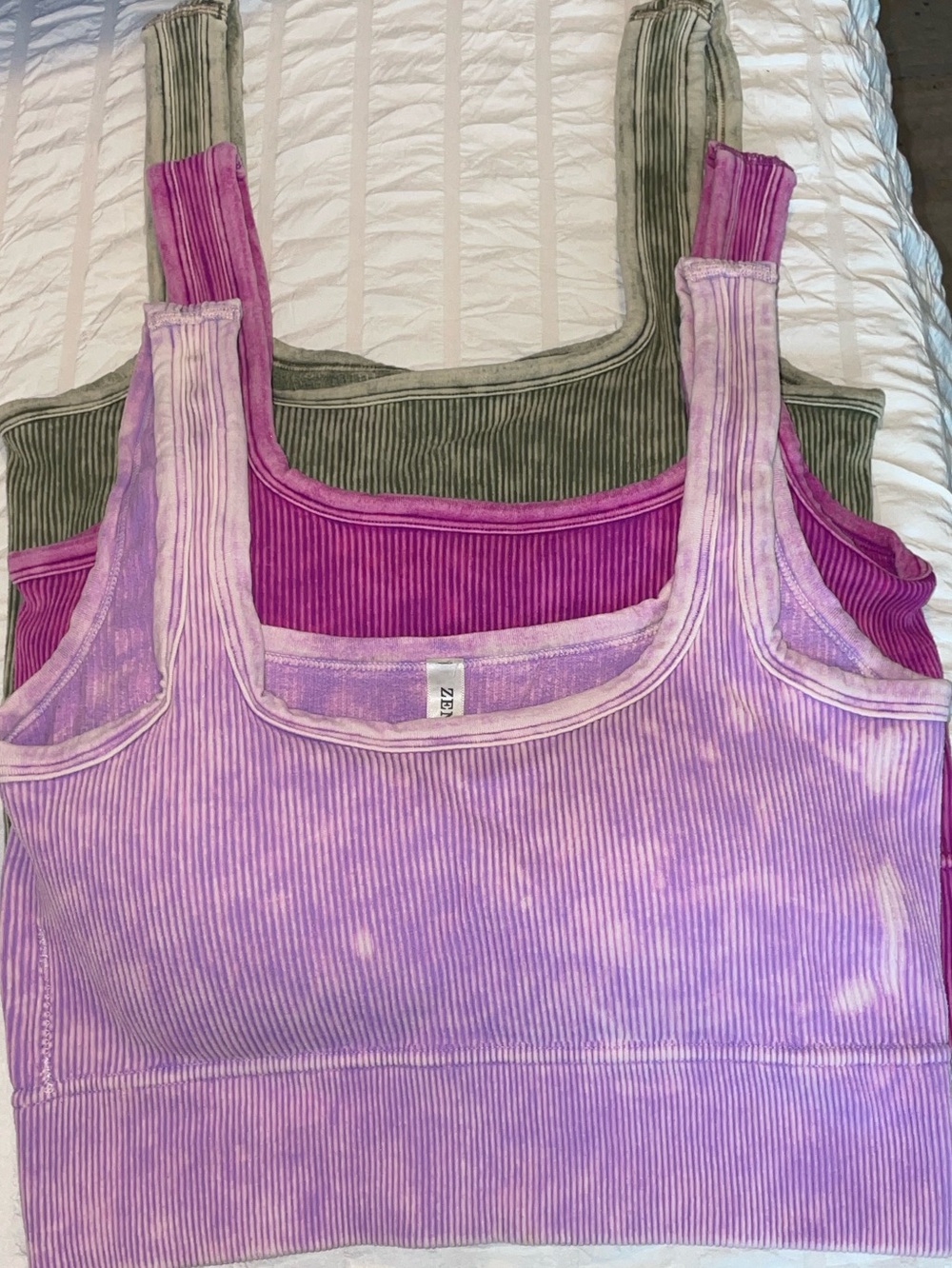 Zenana Outfitters Tie-Dye Ribbed Tank Top - Lavender/pink, magenta and olive